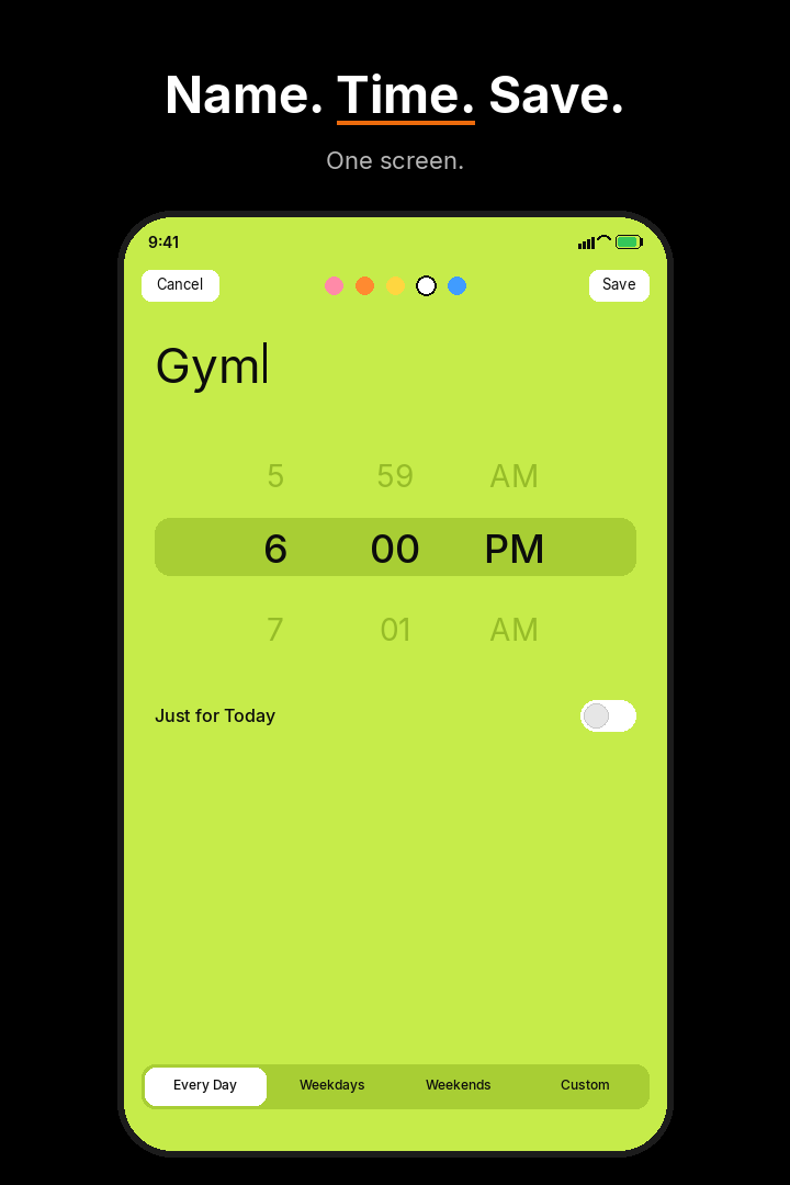 NowSense compose screen. Name Gym, time 6:00 PM, Every Day.