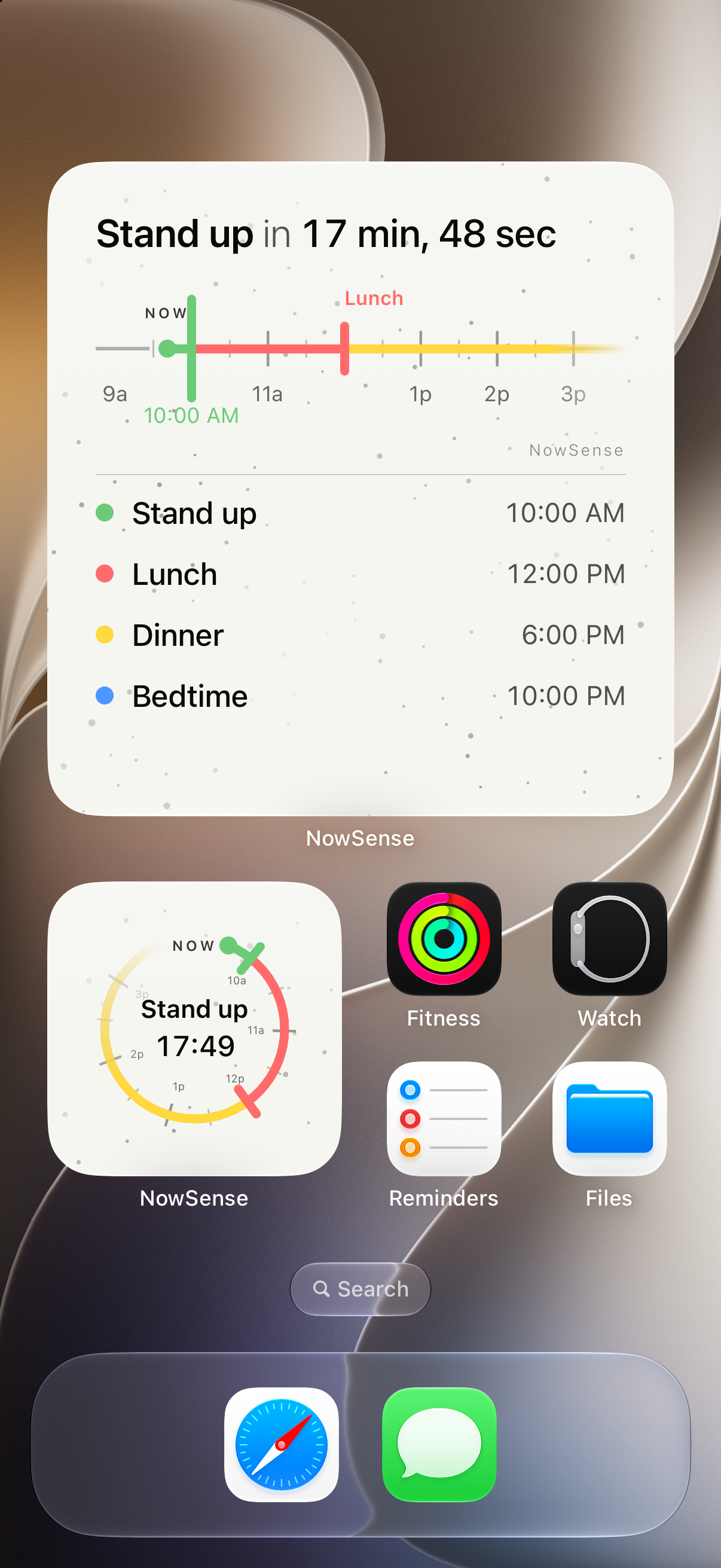 NowSense Pro Up Next widgets on the Home Screen. Large Up Next widget for Stand up plus a small dial.