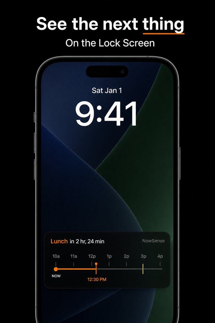 NowSense Live Activity on the Lock Screen. Lunch in 2 hr, 24 min, with Now marked on the timeline.