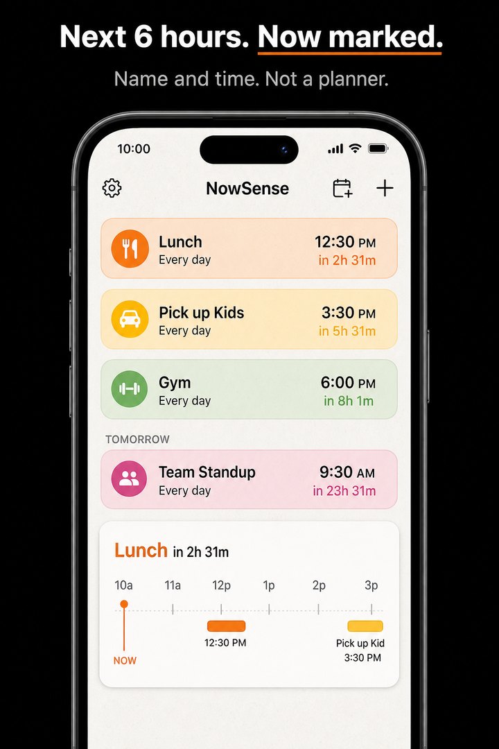 NowSense timeline with Lunch, Pick up Kids, and Gym. Now marked on the next hours.