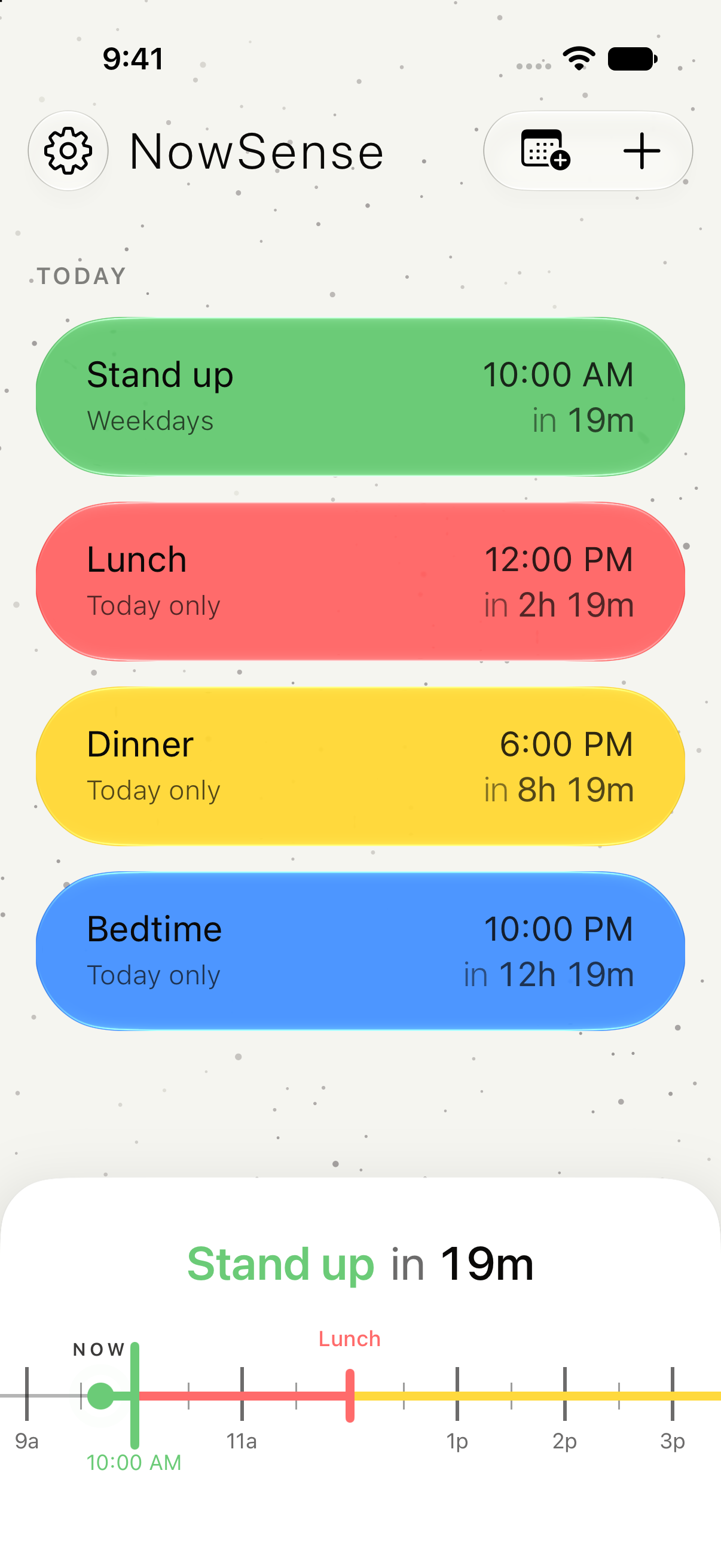 NowSense timeline with Stand up, Lunch, Dinner, and Bedtime. Now marked on the next hours.