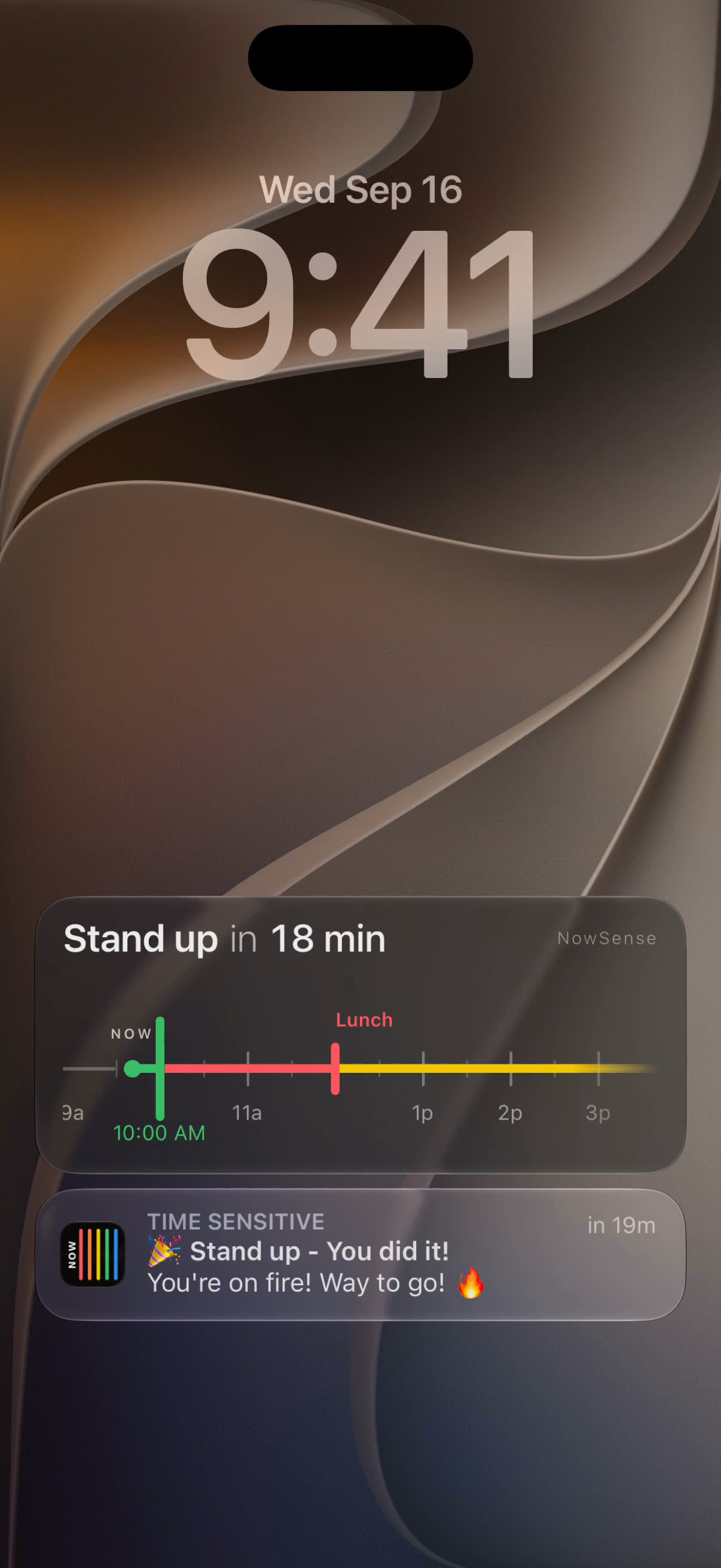 NowSense product walkthrough on iPhone, from first-launch milestones through Lock Screen Live Activity and Home Screen widgets.